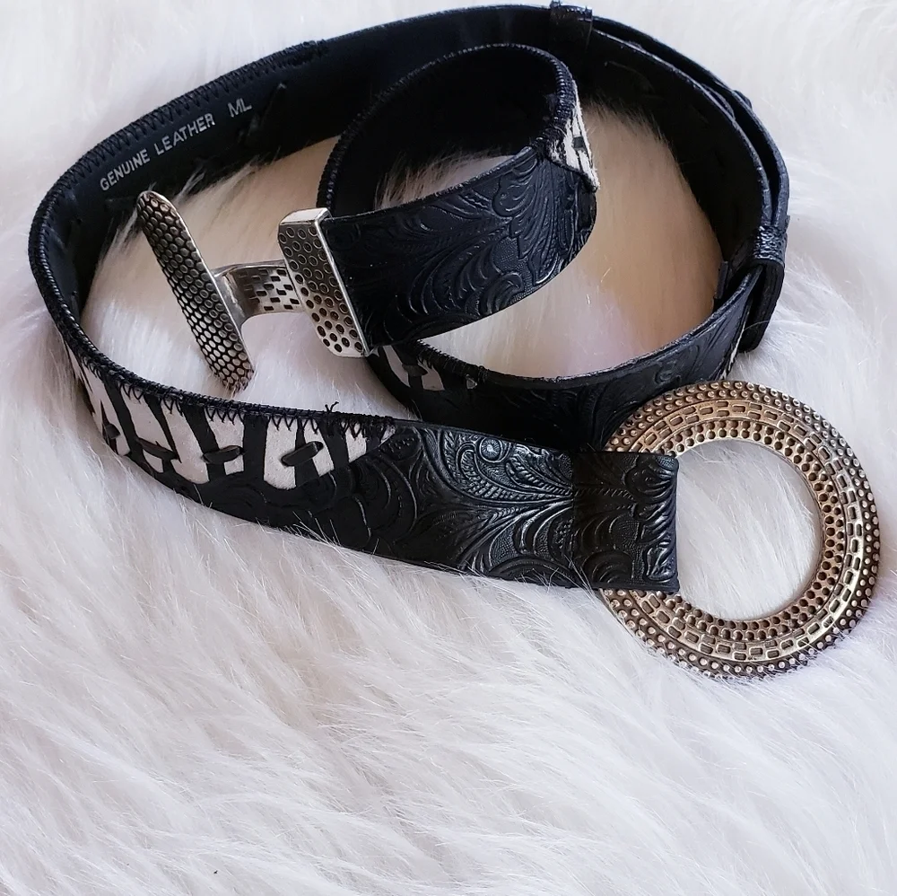 Genuine Leather Zebra Pattern Western Belt Silver